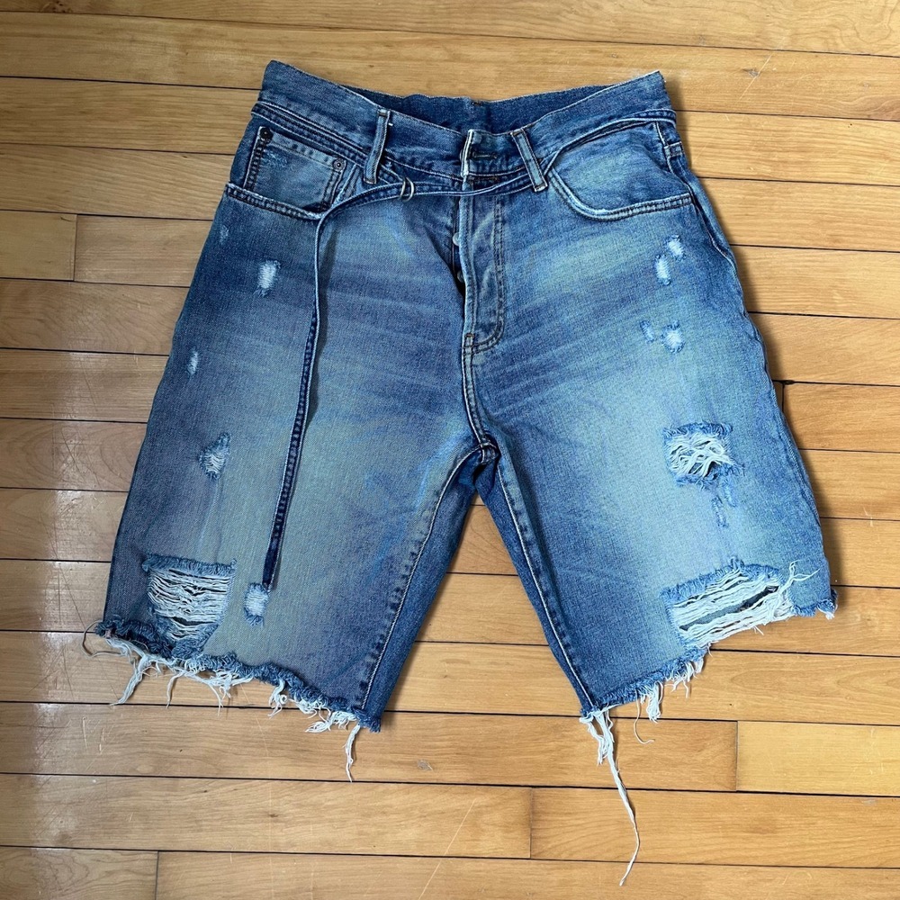 Acne Studios 1991 Toj Detroit Distressed Denim Shorts Blue Wash Tie Belt Mens 31